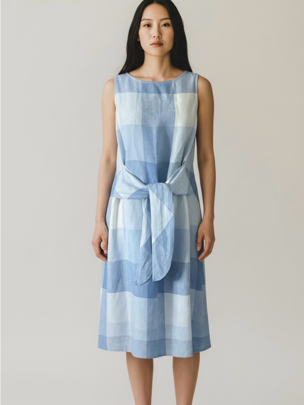 J. Jill Blue and White Gingham Tie-Waist Midi Dress Size/M